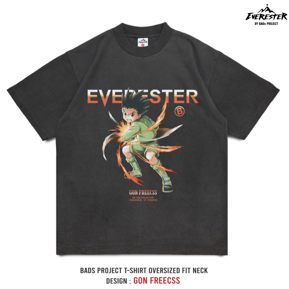 EVERESTER เสื้อยืด ฟอก เฟดเทาดำ เสื้อผู้ชาย Heavy Cotton 100% Oversize รุ่น Gon เสื้อวินเทจ FED Hunt