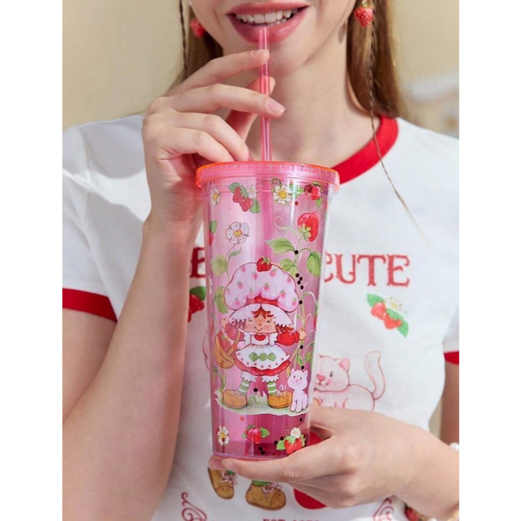 (พร้อมส่ง ) Strawberry Shortcake แก้วน้ำพลาสติกสองชั้น แก้วน้ำมีฝาปิด