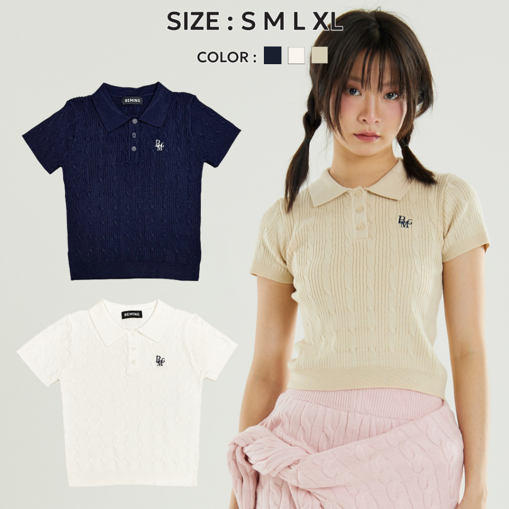 (พร้อมส่ง)Bemingtop656(S-XL) - BMG Classic Polo Premium Shirts ไหมพรมทอลายโซ่ สัมผัสนิ่ม