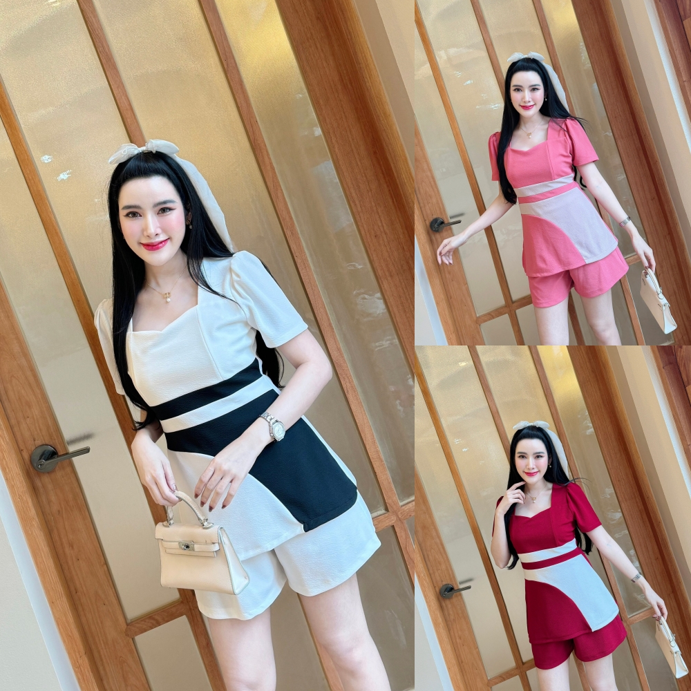 สินค้าพร้อมส่ง  ชุดเซตสั้นผ้าวูลเวฟ เสื้อทรงยาวคอเหลี่ยมแต่งทรูโทนผ่าข้าง+กางเกงเอวเรียบสม็อคหลัง A5207