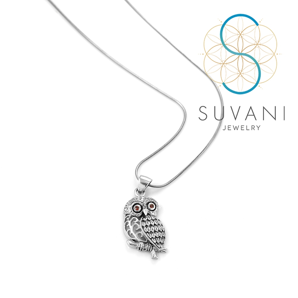 SSUVANI เงินแท้ 92.5% จี้นกฮูกเงินแท้ ประดับด้วยเพชรรัสเซียสีแดง จี้พร้อมสร้อยคอ เครื่องประดับเงินแท้ - รูปที่ 3