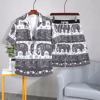 2088#เสื้อเชิ้ตเป็นชุดแบบใหม่ล่าสุดฮาวายลายช้าง เสื้อ + กางเกง