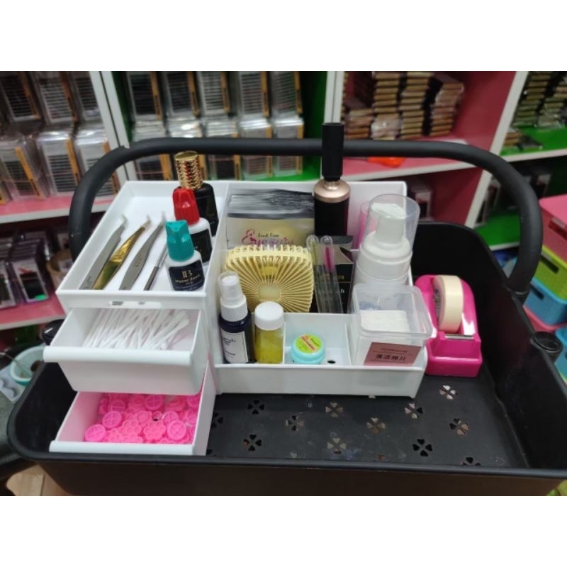 กล่องใส่อุปกรณ์ มีลิ้นชัก มีช่องใส่ของหลายช่องสำหรับงานต่อขนตา ใส่ของจุกจิก มี4สี ขาว ชมพู ฟ้า เขียว ช่องใส่ของเยอะ