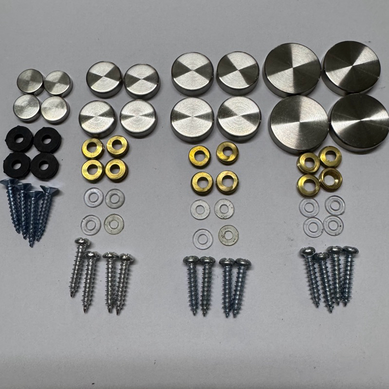 หมุดปิดหัวน็อต หมุดโชว์ ตัวยึดกระจกสแตนเลสเรียบ แพคละ 4 ชุด12mm 16mm 19mm 25mmหมุด 12mmชิ้นส่วนจะต่างจากขนาดอื่น