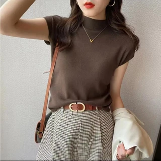 เสื้อยืดแขนสั้น คอสูง ขนาดใหญ่ แฟชั่นฤดูร้อน ผ้าถัก แบบบาง สไตล์อเนกประสงค์ สวมใส่สบาย 8076#