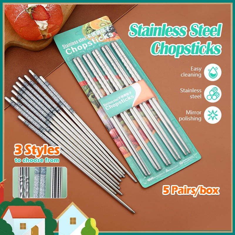 🔥 รู้สึกสบาย 🔥 แพ็ค 5 ชิ้น ตะเกียบสแตนเลส  สแตนเลสแท้ ดีไซน์สวยงามสไตล์เกาหลีคีบอาหาร ล้างทำความสะอาดง่าย