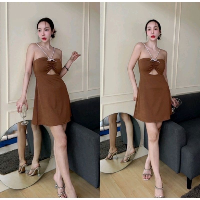 Used Dress สวยออกงานแบบปังปั๊วะ เดรสเกาะอกแต่งสายเพชร โบว์ถอดออกได้
