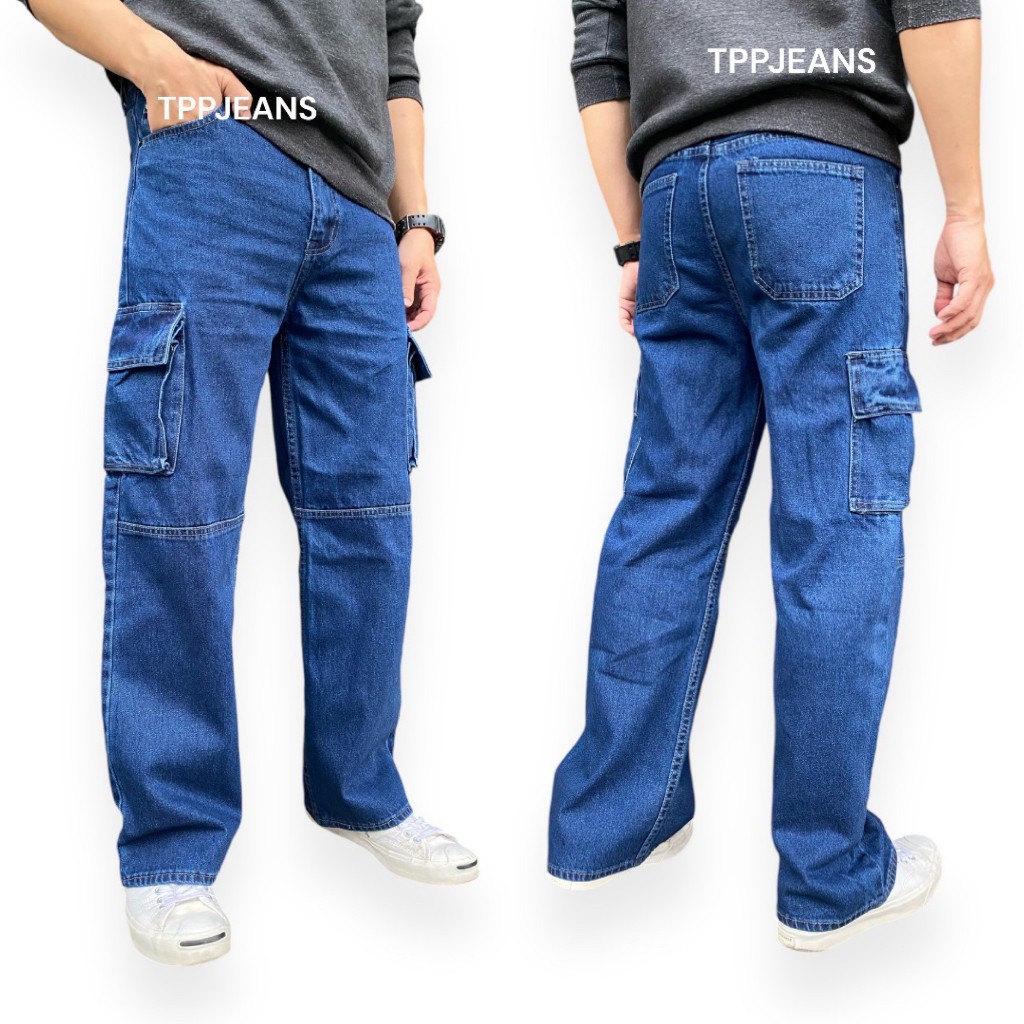 JEANSEXPRESS Cargo กางเกงยีนส์คาร์โก้ทรงกระบอก กระเป๋าข้าง สีบลูยีนส์เข้ม เป้าซิป มีไซส์ใหญ่ Size 28-36