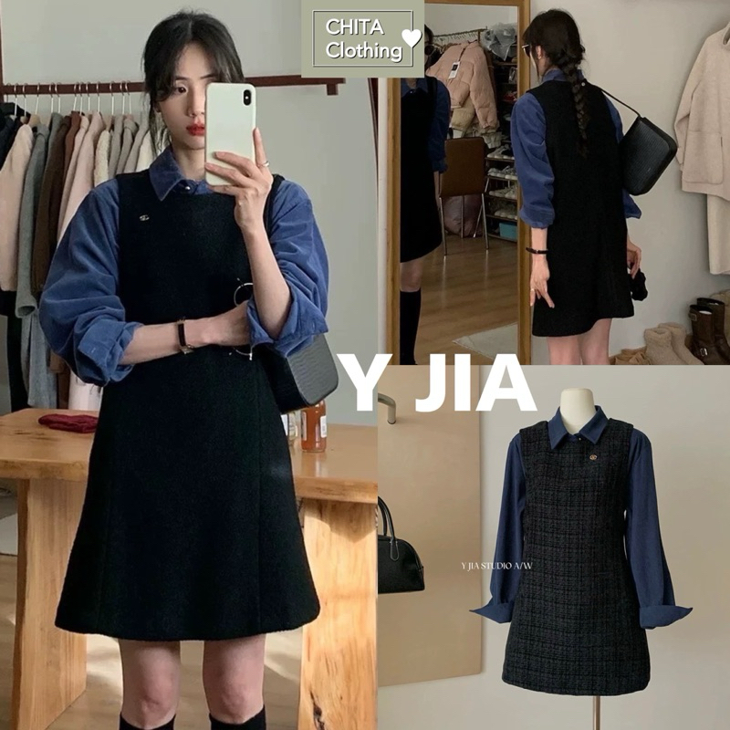 1061# Set 2 pcs เสื้อเชิ้ตแขนยาว + เดรสแขนกุด งานซิปหลัง มีซับใน งานสวย TAG : Y.JIA STUDIO
