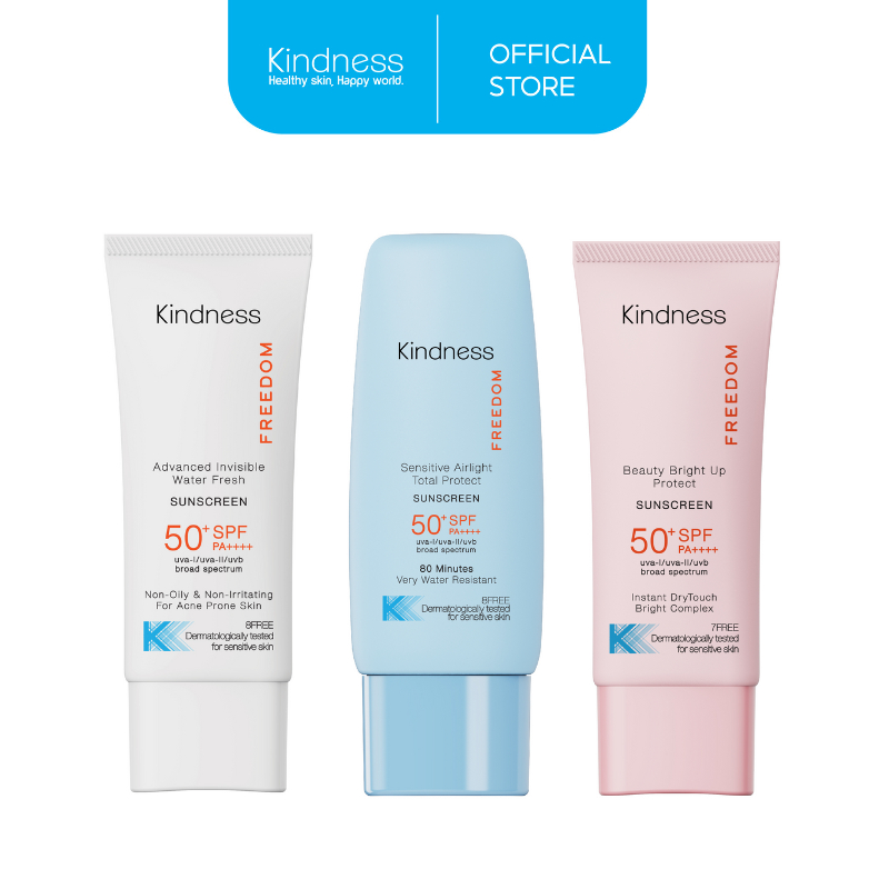 [เซ็ตกันแดด3สูตร] Kindness Freedom Sunscreen SPF 50+ PA++++ (สูตรบางเบา+สูตรกันน้ำ+สูตรผิวเนียนไบร์ท)