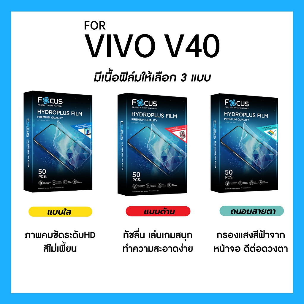 ฟิล์มไฮโดรพลัส Focus สำหรับ VIVO V40 เต็มจอ มีอุปกรณ์ติดฟิล์มให้