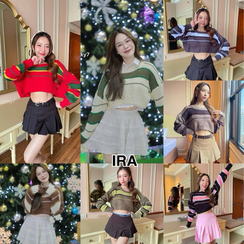 BY IRA Dewvy Knit Sweater ครอปไหมพรมแขนยาว ลายทาง