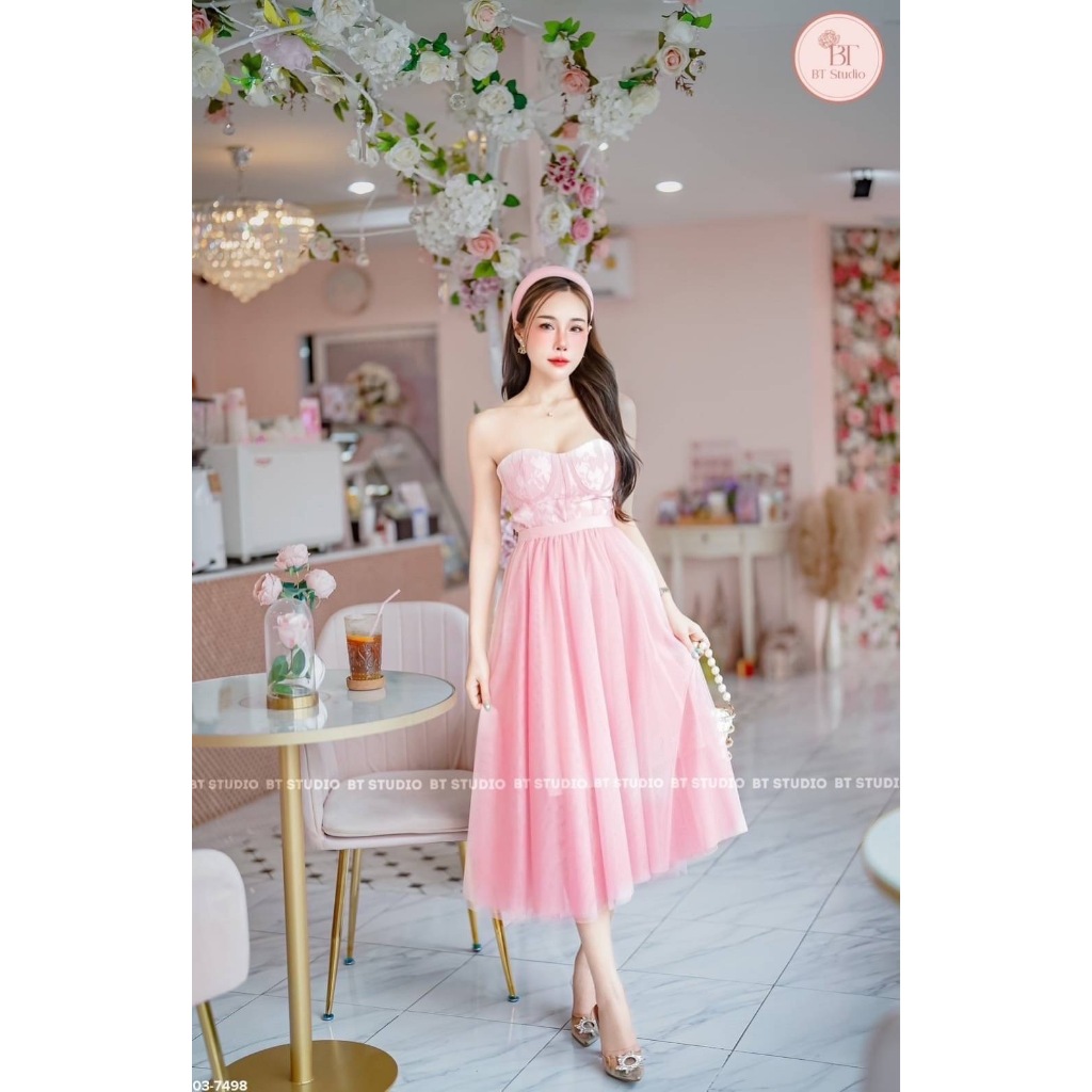 BT 03-7498  งานลดราคา เคลียร์สต็อก ราคาพิเศษ เซท 2 ชิ้น เสื้อเกาะอกแต่งลายลูกไม้ตีกุ้นขอบซิปหลัง แต่