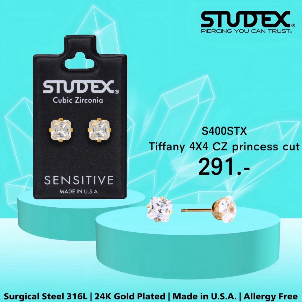 STUDEX S400STX ต่างหูแฟชั่นสำหรับหูแพ้ง่าย เคลือบทอง 24K 4X4 CZ PRINCESS CUT