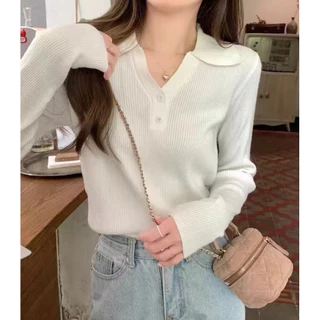 เสื้อไหมพรมแขนยาวผู้หญิง แฟชั่นสีพื้นฤดูหนาว ผ้าดีใส่สบาย คอปก เสื้อกันหนาว แต่งกระดุม แฟชั่นเกาหลี