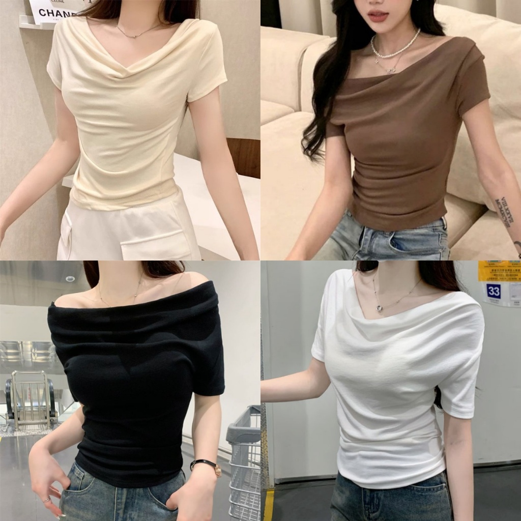 เสื้อยืดครอป เสื้อยืดแฟชั่น ดีเทล เซ็กซีเบาๆ ผ้าใส่สบาย ปกใหญ่เด่น #020268