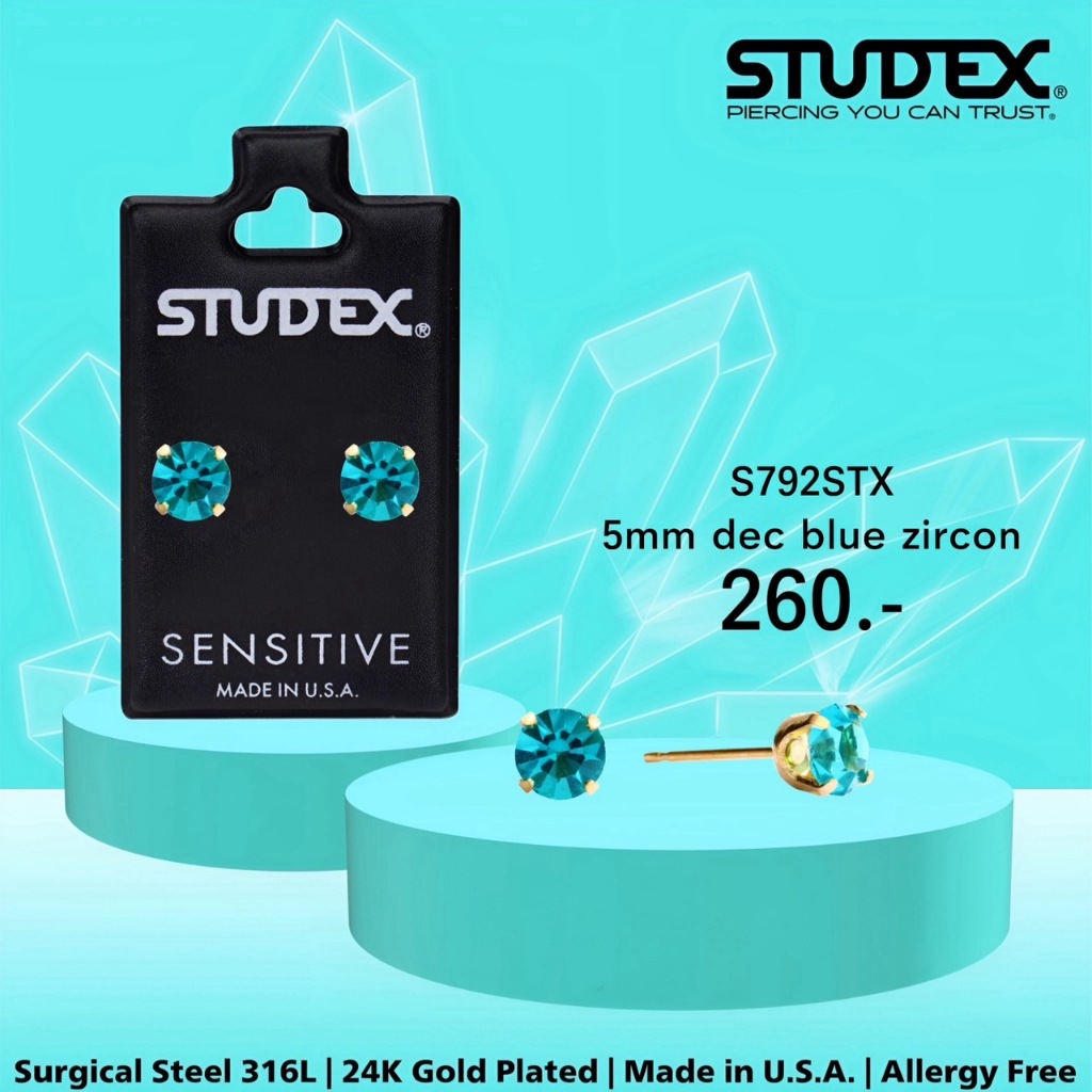 STUDEX S792STX ต่างหูแฟชั่นสำหรับหูแพ้ง่าย เคลือบทอง 24K 5MM DEC BLUE ZIRCON