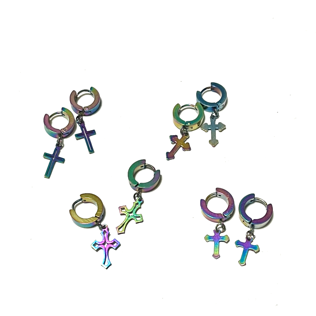 ต่างหู ไม่ต้องเจาะหู ตุ้มหู จิว ไม้กางเขน Cross Huggie Stud Earrings for Men Stainless Steel Earing 