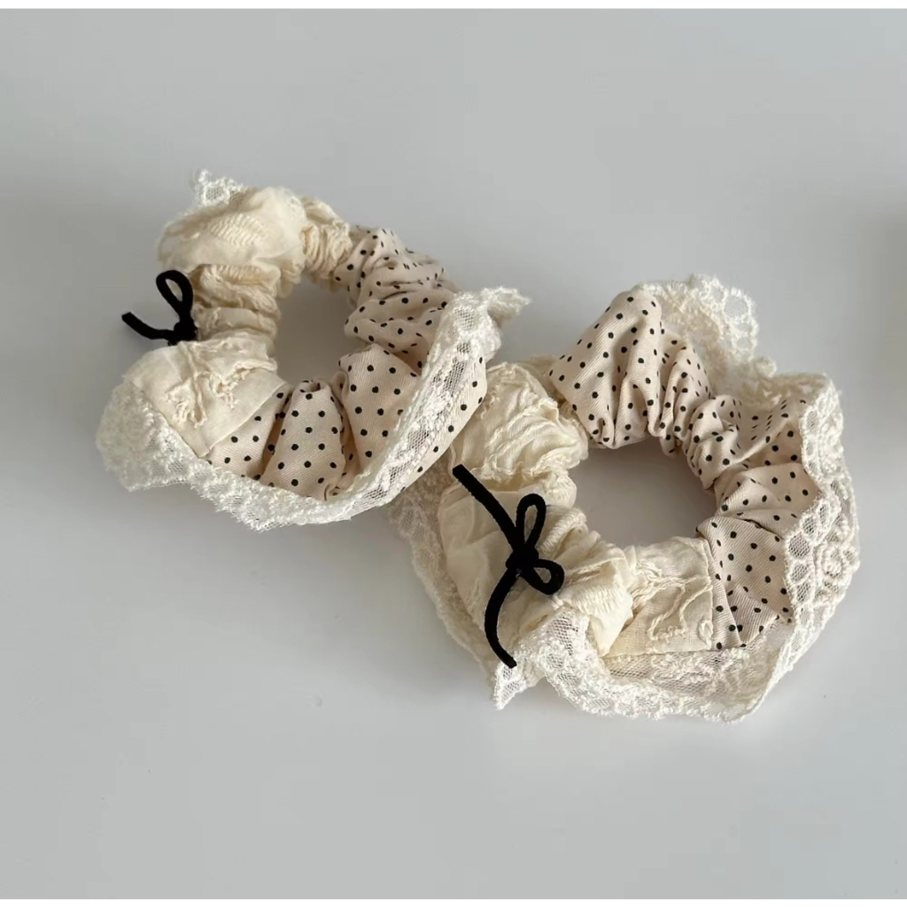 gimmeblessed.co — french lace ploka dot & bow scrunchie (ยางรัดผมผ้าลายต่อ ลายจุด&ลูกไม้)