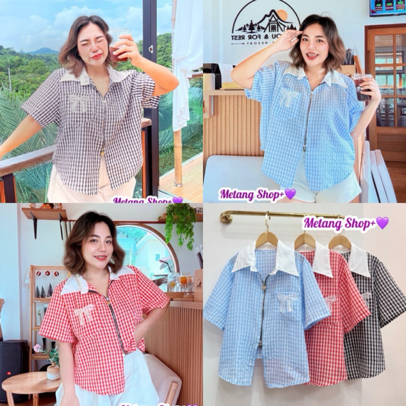 เสื้อเชิ้ตแขนสั้นลายสก๊อต แต่งคอปกสีขาว ซิปหัวใจรูดได้ ไซส์ใหญ่ สาวอวบ
