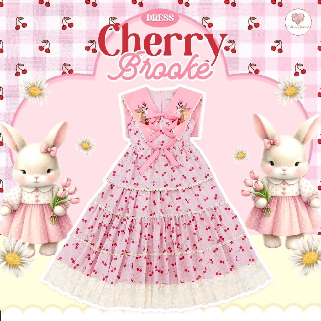 (มี 3XL)Cherry Brooke Dress เดรสยาวผ้า Cotton กระโปรงแต่งเลเยอร์หลายชั้น แขนกุด ปกใหญ่ปักลายลาย ดีเมลโบว์ตรงกลาง ซิปหลัง