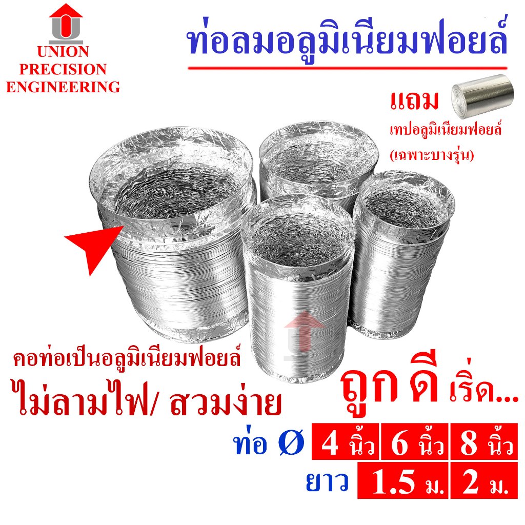 ท่อระบายอากาศ ท่อลม ท่อลมระบายอากาศ Ø 4-8 นิ้ว ความยาวยืด 2 ม. ท่อระบายอากาศ ทนความร้อน สีเงิน