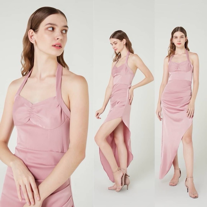 ✅ชุดราตรี เดรสออกงาน คล้องคอ เฟียสๆ s-2xl สีชมพู/ ฟ้าอมเทา 📥แก้ขนาด inbox ค่ะ