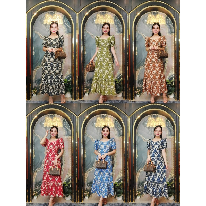 พร้อมส่ง เดรสยาวผ้าไหมอิตาลี อกหัวใจแขนเจ้าหญิง