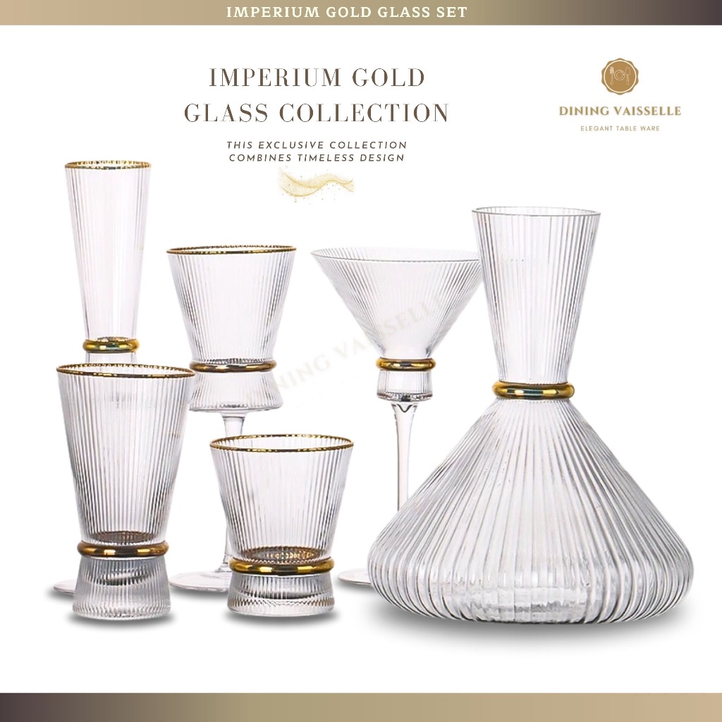 Dining Vaisselle ชุดแก้ว Imperium Gold หรูหราพร้อมลายทอง Tumbler, Champagne Flute, Wine Goblet