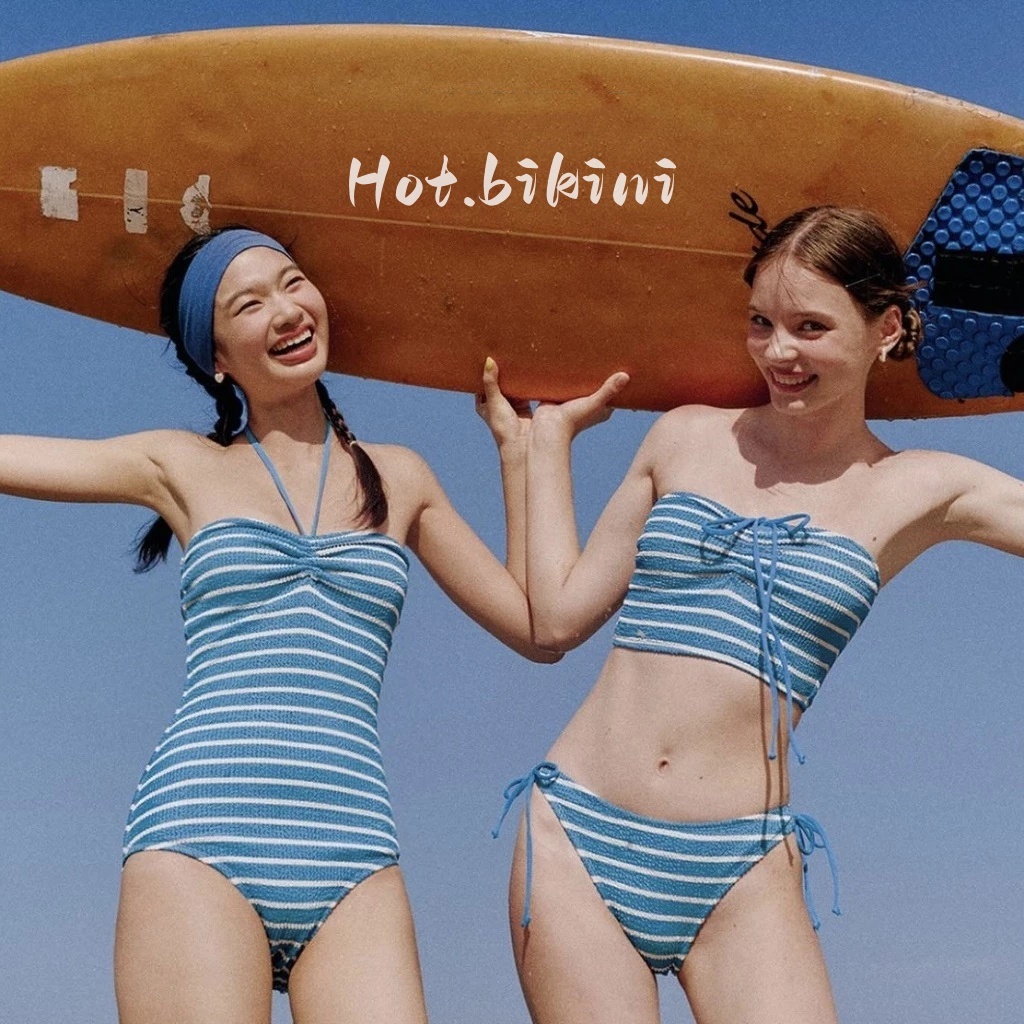 Hot.bikini ชุดว่ายน้ำ ชุดว่ายน้ำวันพีช ผูกคอ ลายทาง มีหลายตัวเลือกให้เลือก ส่งไวจากไทย