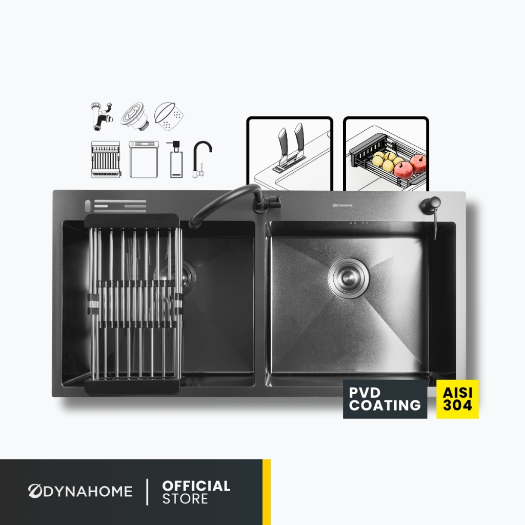 DYNAHOME รุ่น WD-10050-TD-BK อ่างล้างจานสแตนเลสดีดำ ซิงค์ดีไซน์ใหม่ หลุมลึก พร้อมอุปกรณ์ครบชุด