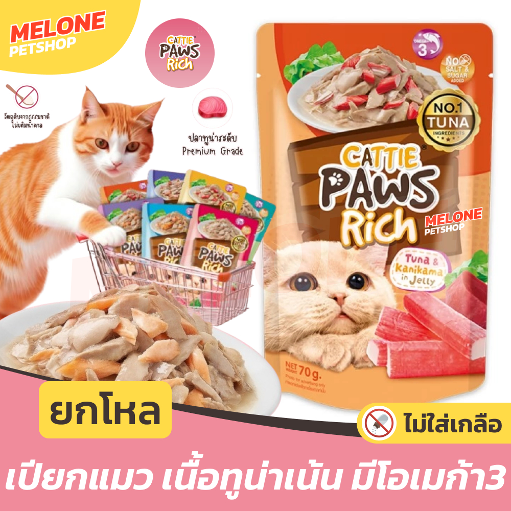 [ยกโหล] Cattie Paws Rich แคทตี้ พาวส์ ริช อาหารเปียกแมว แมวโต ไม่เติมเกลือ ไม่เค็ม ขนาด 70 กรัม ยกกล่อง จำนวน 12 ซอง