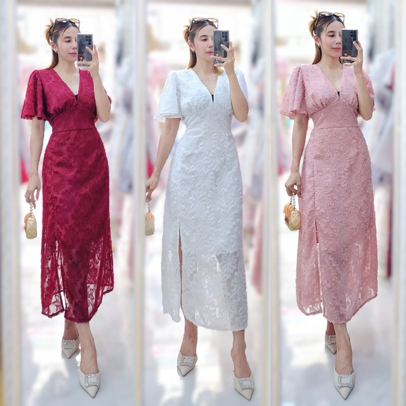 Best Seller เดรสยาวผ่าข้างผ้าชีฟองออแกนดี้ปักขนมิ้งลายดอกไม้#Maisie shop