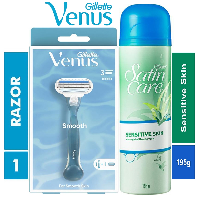 Gillette Venus Smooth Razor 1 ด้าม + 1 ใบมีด / Satin Care Sensitive Skin Shaving Gel 195g. สำหรับผิวบอบบาง แพ้ง่าย