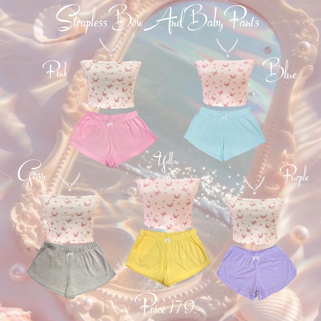 ชุดเซ็ต เกาะอกโบว์+กางเกงโบว์ สีพาสเทล รุ่น Strapless Bow And Baby Pants