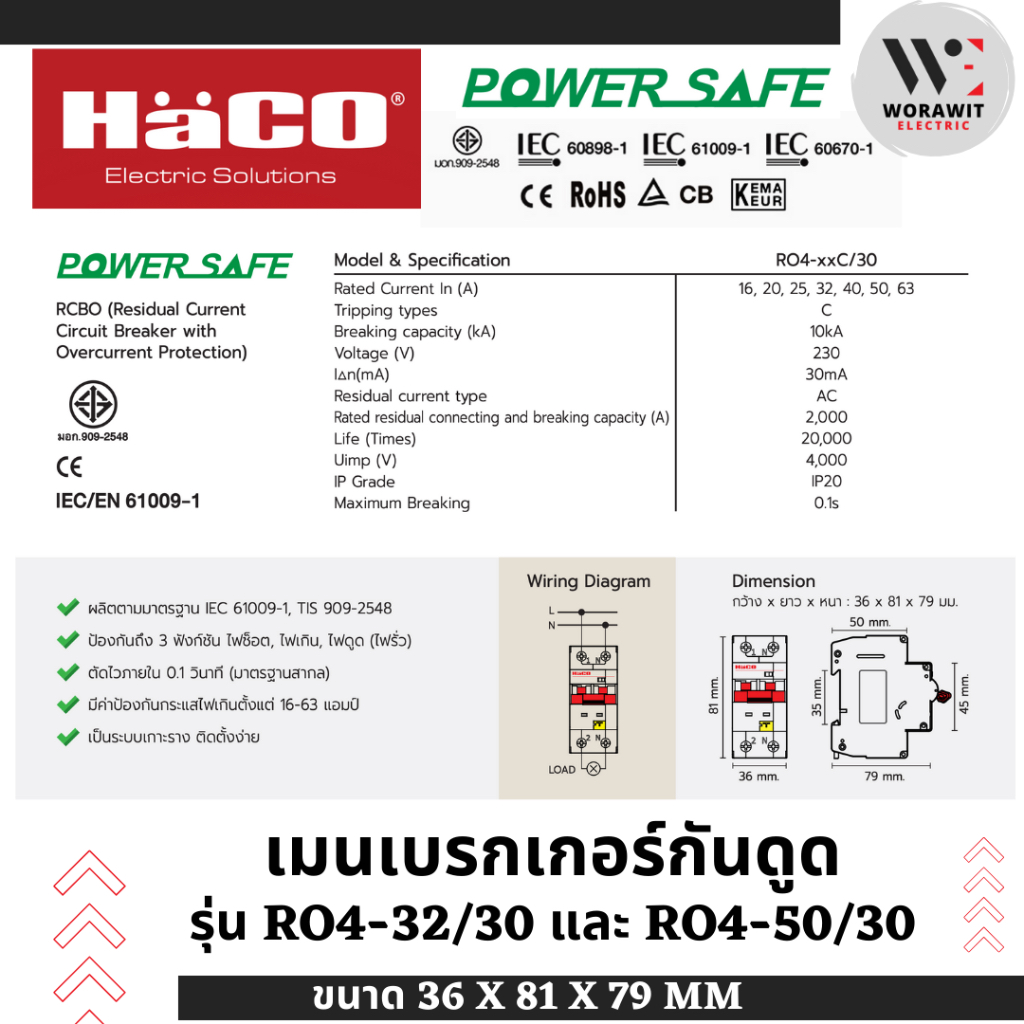 HaCO เมนกันดูด RCBO รุ่น RO4-32C/30, RO4-50C/30 และ RO4-63C/30 (30mA 10kA) กันไฟดูด ไฟรั่ว ไฟเกิน - รูปที่ 6