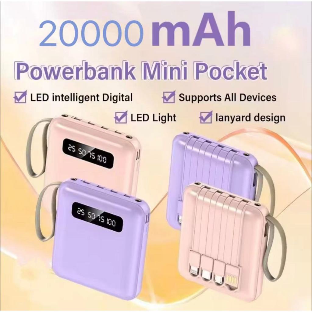 แบตเตอรี่สำรองขนาด 20000Mah มาพร้อมสายเคเบิลในตัว 4 เส้น และพร้อมใช้งานอยู่เสมอ พร้อมไฟฉายสำหรับการชาร์จอย่างรวดเร็ว