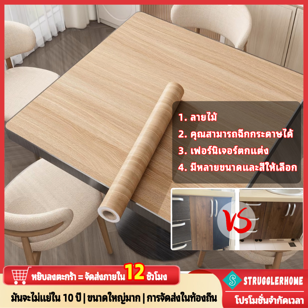 สติกเกอร์ตกแต่งประตูตู้ กาวตนเองลายไม้ป้องกันน้ำมัน ฟิล์มทิปสำหรับเฟอร์นิเจอร์ตู้ ขนาด 45 * 1000 ซม