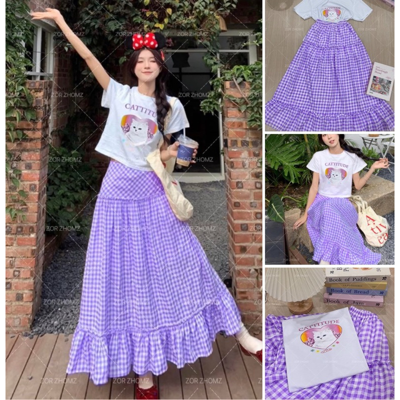 No.222 พร้อมส่ง (จากไทย) ชุดเซต เสื้อ+กระโปรงยาว ลายต้าวแมวอ้วง