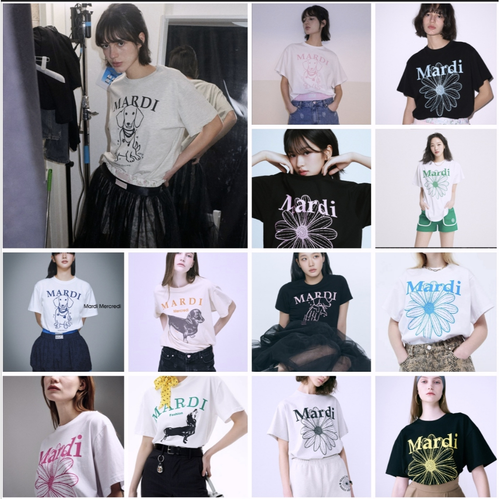 MARDI MERCREDI เดรสคอกลมแขนสั้นพิมพ์ลายเดซี่/ลูกสุนัข SS24 เสื้อยืดแขนตกลำลองและใช้งานได้หลากหลายสำหรับผู้หญิงของแท้