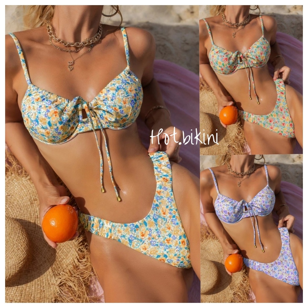 Hot.bikini🌺🌺bikini set บิกินี่ทูพีช มีโครง ลายดอกไม้ เว้าหลัง ชุดไปทะเล🌺🌺ส่งไวจากไทย