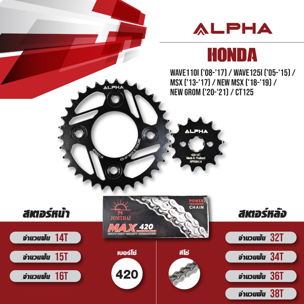 ชุดโซ่สเตอร์ ALPHA เปลี่ยน Wave110i ('08-'17) / Wave125i ('05-'15) / MSX ('13-'17) / New Grom / CT12