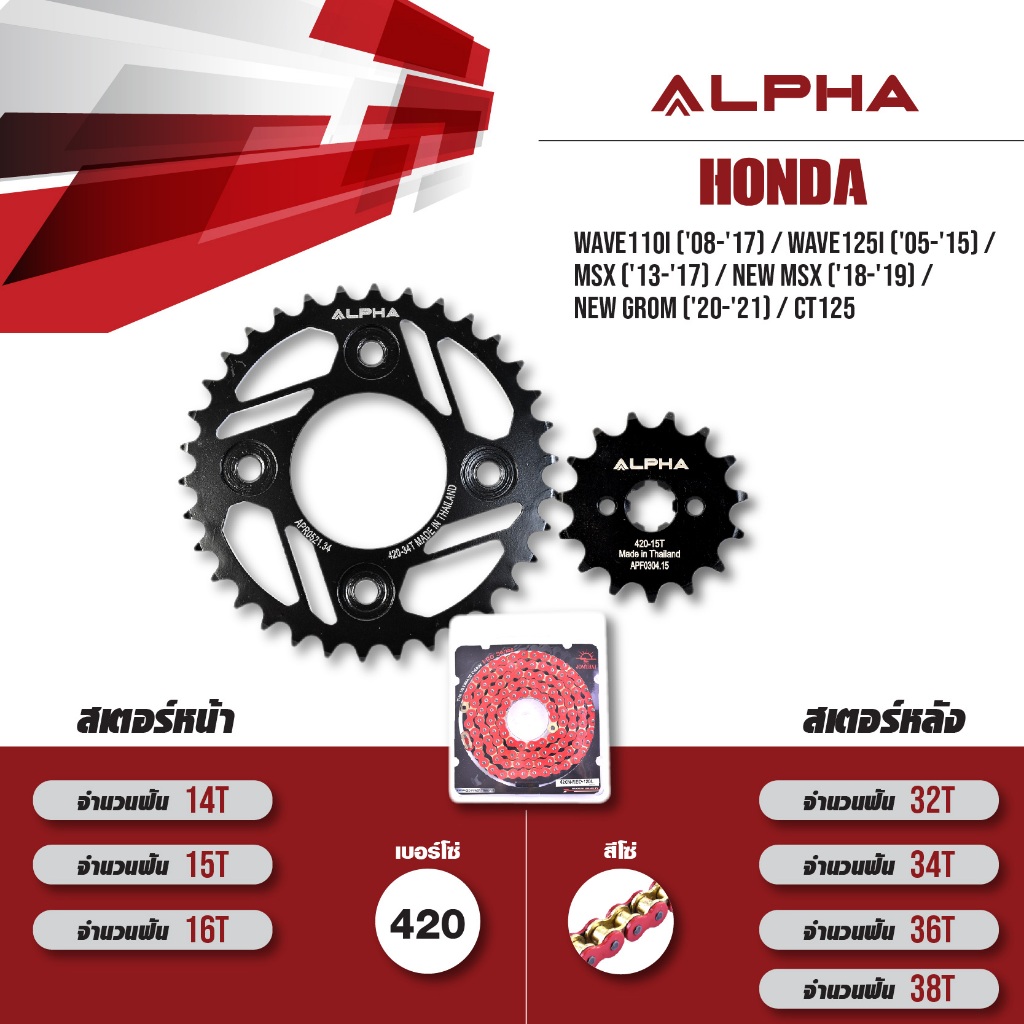 ชุดโซ่สเตอร์ ALPHA เปลี่ยน Wave110i ('08-'17) / Wave125i ('05-'15) / MSX / New Grom / CT125 โซ่ JOMT