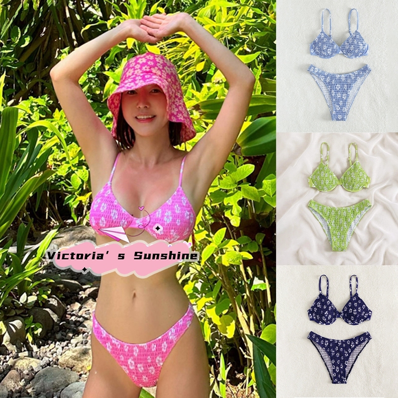 Bikini set ชุดว่ายน้ําบิกินี่ ทูพีช มีโครง สายฝอ ผ้ายับ สไตล์เซ็กซี่#0176