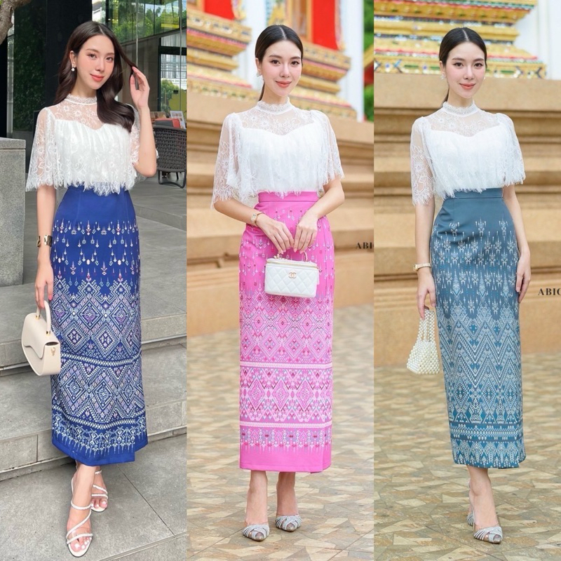 ABIGAIL Set เสื้อลูกไม้แขนสั้นแต่งระบาย มาพร้อมผ้าถุงสำเร็จ ชุดไทย ชุดผ้าไทย ทำบุญ ตักบาตร