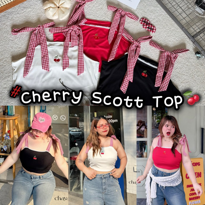𝐂𝐡𝐞𝐫𝐫𝐲 𝐒𝐜𝐨𝐭𝐭 𝐓𝐨𝐩 - เสื้อสายเดี่ยวผ้าร่อง สาวอวบ(อก40-52นิ้ว) ลายเชอร์รี่ ผูกไหล่ลายสก๊อตสุดน่ารัก เสื้อผูกไหล่สาวอวบ