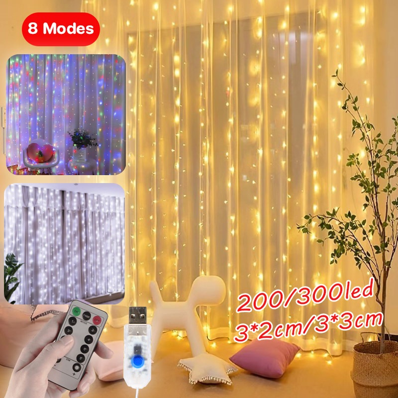 ⭐พร้อมส่ง⭐ม่านไฟ Led 300 ดวง ขนาด 3 ม.* 3 ดวง ปรับได้ 8 โหมด สําหรับตกแต่งบ้าน งานปาร์ตี้ ม่านสายสตริงไฟ
