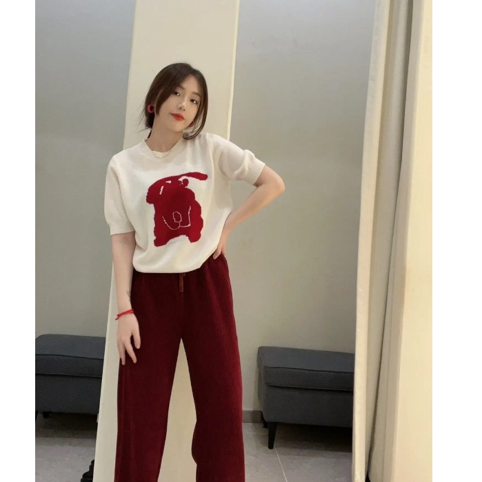 🌼MKL🌼เสื้อไหมพรม คอกลมแขนสั้น ผ้าถัก ลายกระต่าย สไตล์เกาหลี #W163