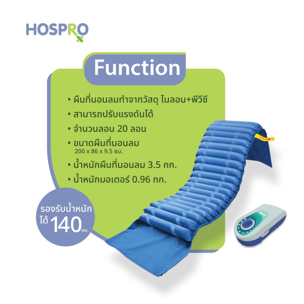 HOSPRO ที่นอนลมแบบลอน H-AM02 ป้องกันแผลกดทับ ระบบ CPR พร้อมปั๊มลม ใช้ต่อเนื่อง 24 ชม. รับน้ำหนัก 140 กก. รับประกัน 5 ปี