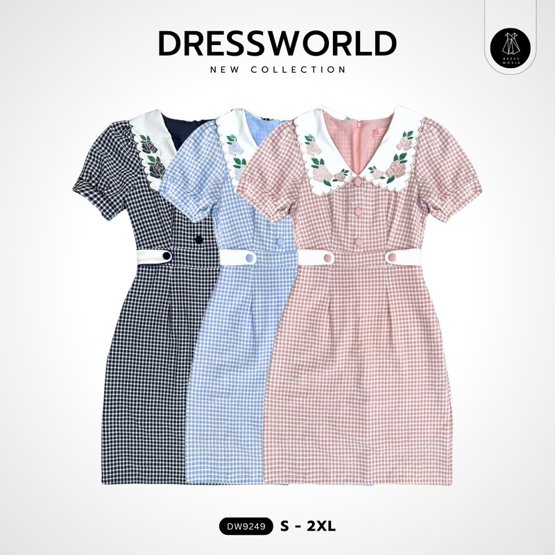{S-2XL} 9249 งานป้าย Dress World ชุดเดรสสั้นคอปกปักดอกไม้ แขนตุ๊กตา แต่งคาดเอว น่ารักมาก